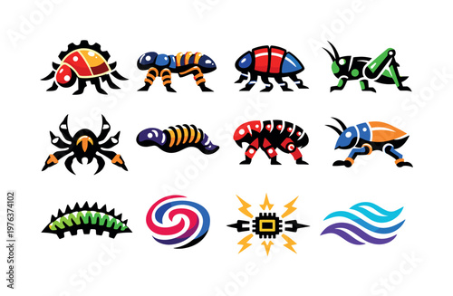Mechanical Insect Icons. Two-Color vector icons of mechanical crawlers: sprocket-backed bug, coil-leg ant, plate-shell beetle,