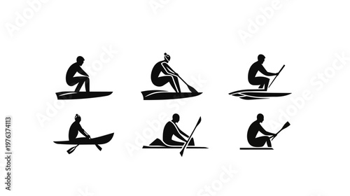 Six black silhouette illustrations of people on watercraft, either paddling or sitting