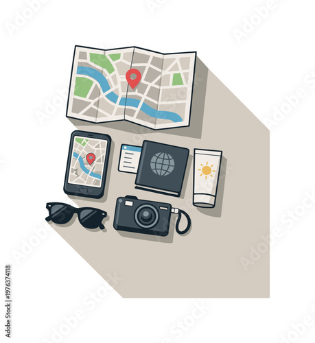 Refined contemporary city break travel planning concept with essential map phone and travel items subtly offset and aligned seen