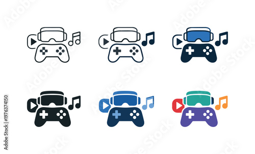 Game and media icon showing a stylized game controller, VR headset, music note, and play button representing interactive