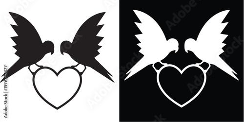 Love Birds' Symbol of Unity and Romance: A heartwarming visual featuring two love birds gracefully perched, holding a heart symbol, perfectly representing love and unity.