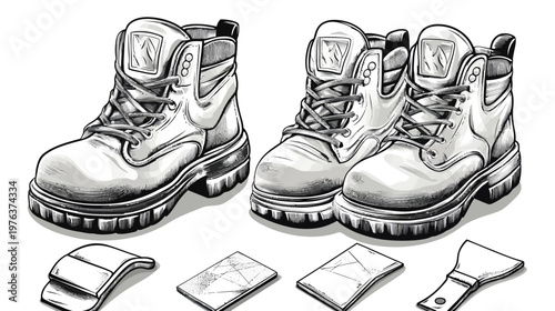 Artistic monochrome illustration of sturdy boots, work tools, and protective accessories