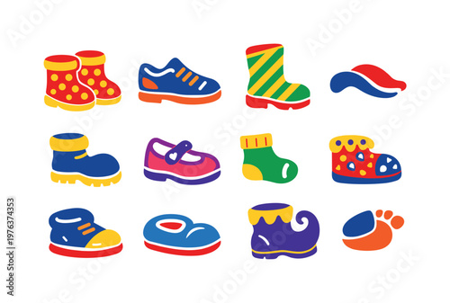 Two-Color vector icons of playful footwear patterns: dotted boot pair, lined shoe, striped boot, simple foot arc; cartoonish boot