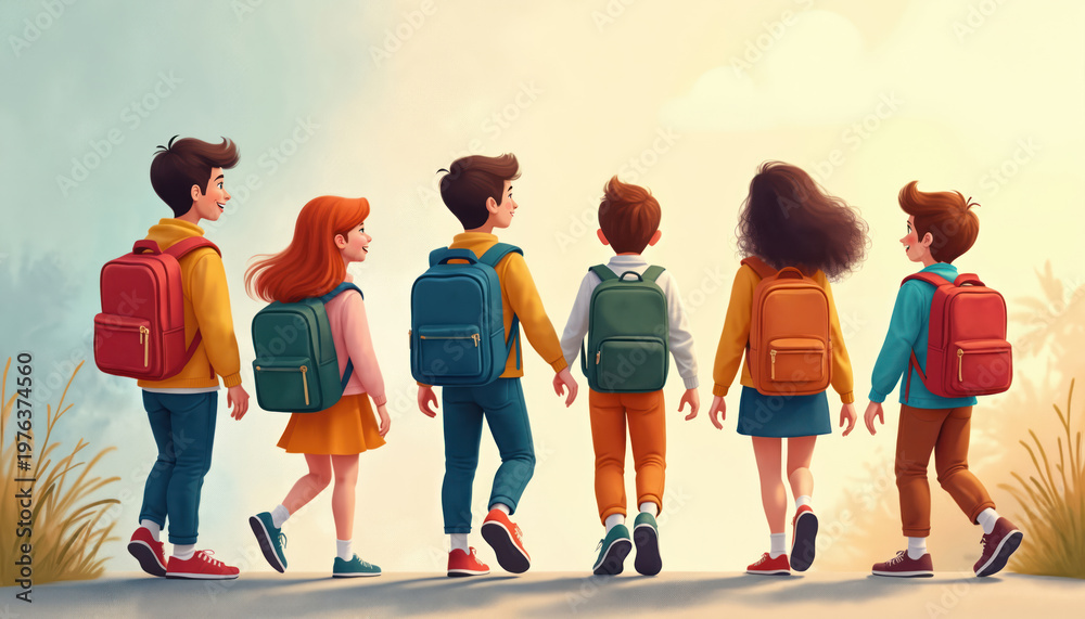 Fototapeta premium Group of diverse kids walk to school carrying backpacks. Children with bags ready for learning and fun. Friends going together on bright sunny day.