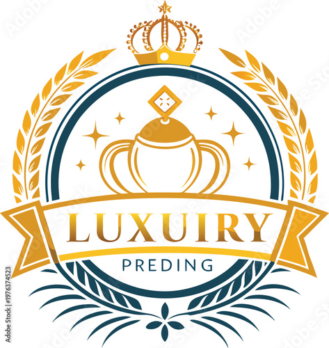 Elegant golden crown emblem with wheat stalks and ribbon banner bearing luxury text isolated on transparent background