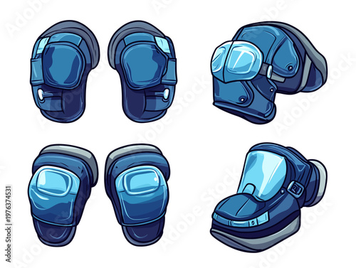A stylized illustration showcasing multiple perspectives of protective gear in various cool tones