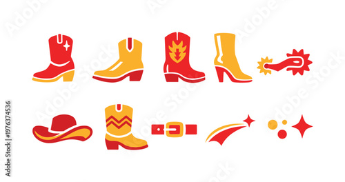 Western cowboy boots, hat, belt, and spur icons in red and yellow
