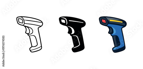 Item tracking action illustrated by a handheld barcode scanner with trigger grip and angled scan head clearly visible as one