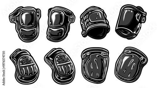 Eight stylized illustrations of knee pads in varying grayscale tones, isolated on white background