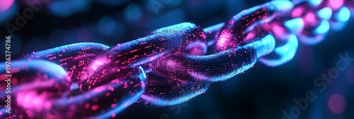 A close-up shot of a glowing chain, representing connection and security. The chain shines with a vibrant array of colors, emphasizing the intricate details. 