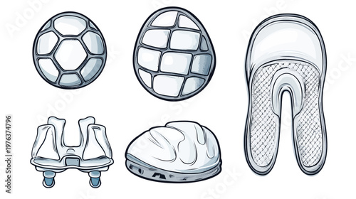 Stylized, illustrated diagrams of medical implants and orthopedics rendered in grayscale
