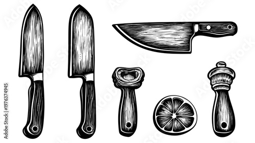 Monochrome illustration of kitchen utensils, including knives, a citrus slicer, a lemon slice, and pepper mill
