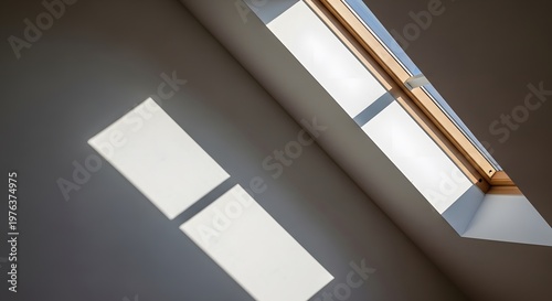 Sunlight streaming through skylight window onto wall creating bright geometric patterns in minimalist room design showcasing modern architectural lighting and shadow play