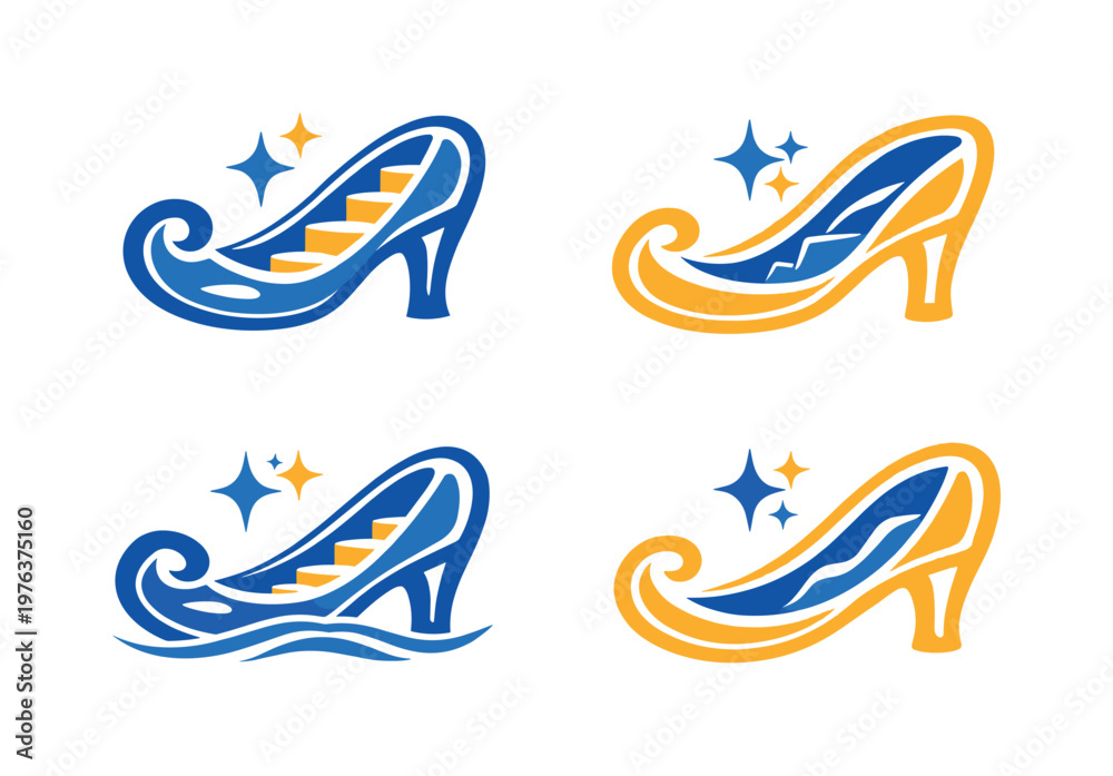 Fototapeta premium Whimsical glass slipper icons with stairs and sparkling stars