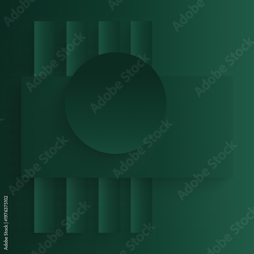 Abstract geometric dark green background with vertical rhythm lines and centered circle, minimalist gradient modern design, structured contemporary composition