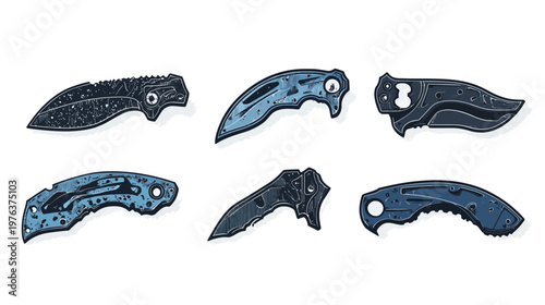 Collection of various pocket knives in different styles, illustrations on a white background