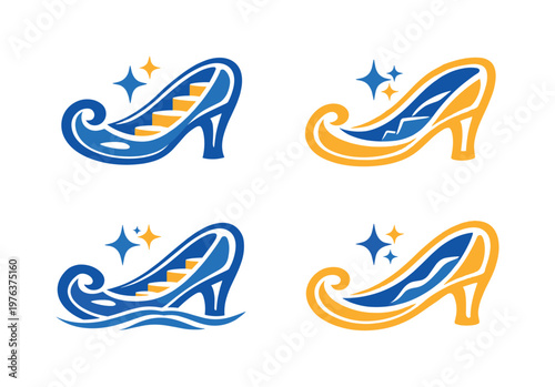 Whimsical glass slipper icons with stairs and sparkling stars
