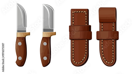 Vector illustration of two knives with leather sheaths. Sharp metal blades with wooden handles