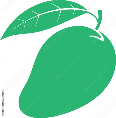 Green mango with a single leaf attached, isolated on white background