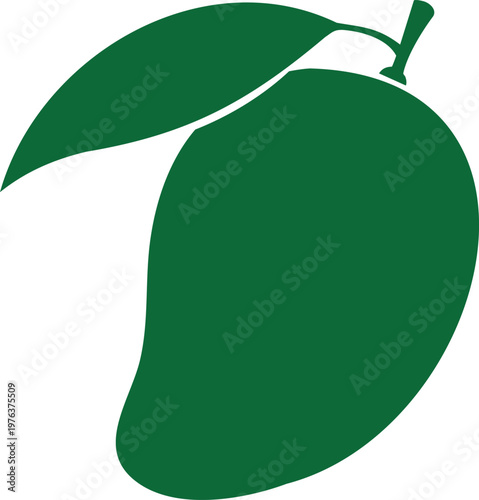 Green mango with leaf attached, isolated on white background