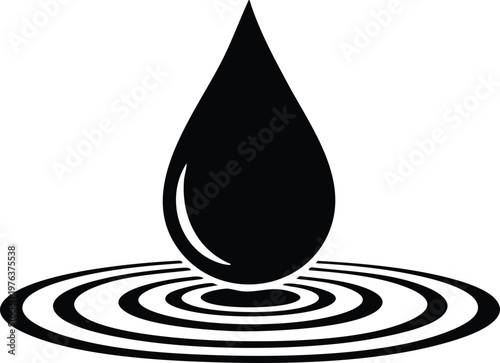 Black water drop creating ripples in pure white background