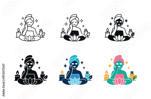 Personal care icon showing a figure performing self-care rituals such as facial treatment, meditation, and relaxation with