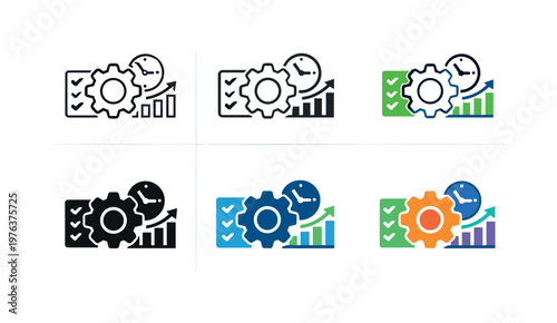 Process improvement icon combining a cogwheel, checklist, clock, and statistical chart, representing streamlined workflows and