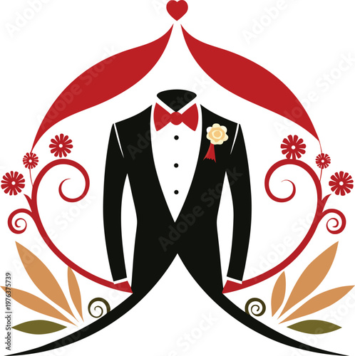 Elegant black tuxedo with red bow tie and boutonniere design element isolated on transparent background