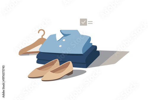 Minimal work outfit planning concept with folded clothes hanger and shoes loosely arranged seen from a slight angle, offset to