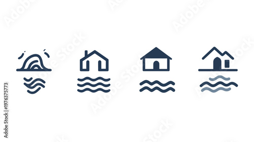 Series of minimalistic icons depicting water, waves, and houses, set on a white background