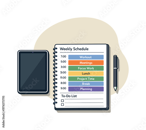 Clean time blocking schedule concept viewed from above with generic calendar notebook pen and tablet aligned clearly, placed in