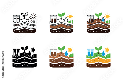 Agriculture analysis icon showing stylized soil layers, test tubes, plants, and measurement symbols representing soil quality