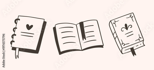 Books and notebook doodle icon set in sketch style