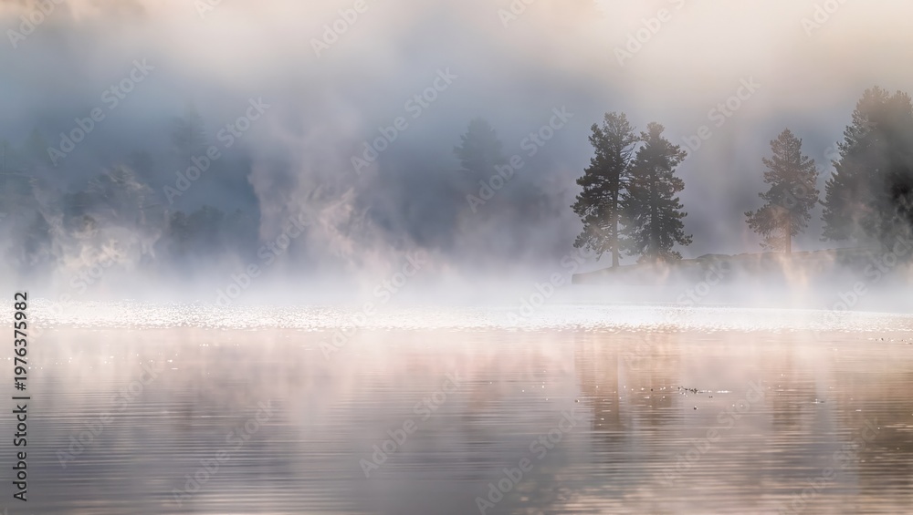 Fototapeta premium A tranquil lake scene with mist rising from the water on a foggy morning, surrounded by trees and a serene atmosphere.