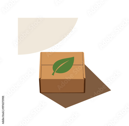 Sustainable packaging eco concept with simple recyclable box and leaf symbol arranged neatly seen from top-down view, positioned