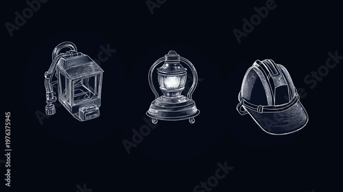 Artistic depiction of three tools a vintage lantern, an oil lamp, and a miner's helmet
