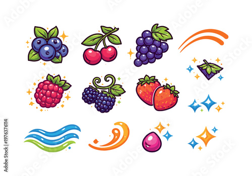 Two-Color vector icons of fruit clusters: berry bunch, leafy stem, grape arc, contour line, dot speck, sprig curl, rounded berry,