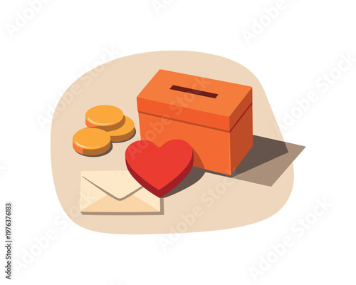 Donation and charity concept with simple donation box coins heart and envelope arranged neatly seen from top-down view,