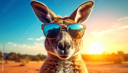 Close up portrait of a kangaroo wearing mirrored sunglasses in the sunny Australian outback at sunset for wildlife tourism and desert adventure concepts with welder silhouette design AI Generative

