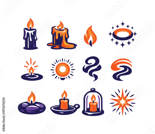Two-Color vector icons of mystical candlelight: tall candle, wax river, tiny flame, spark halo, wick ember, warm glow, curled