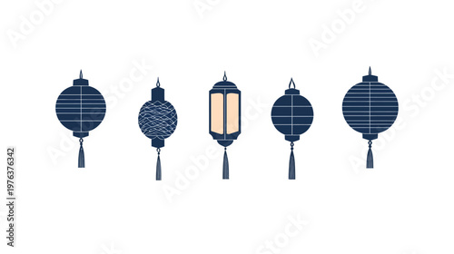 A collection of five traditional lanterns in different stylized shapes and colors, isolated on a white backdrop