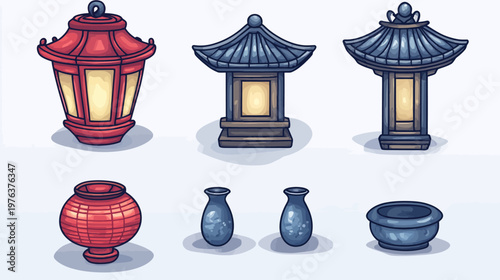 Pixelated artwork showing six stylized illustrations of Asian-inspired lanterns and vases in a cartoon style