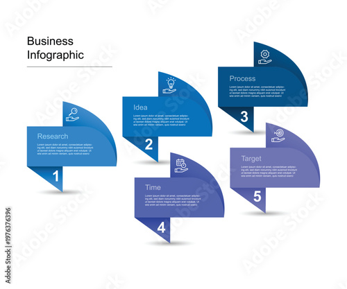 Vector business infographic template with 5 step horizontal and blue colors with paper style. Data visualization suitable for business presentation, graphic chart, workflow layout