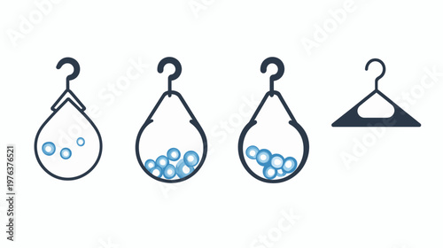 Sequence of four minimalist hangers with bubbles, illustrating a concept of process or accumulation