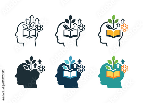Growth-oriented learning symbol featuring a human profile with abstract signs of knowledge expansion and mental development,