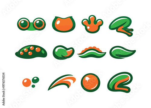 Two-Color vector icons of amphibian features: round eyes, soft belly, toe pads, curve limb, dotted back, tail nub, ridge line,