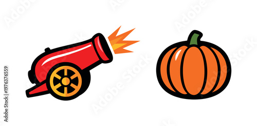 Two-Color vector icons of simple firing silhouette: plain cannon arc, minimal wheel outline, basic pumpkin sphere, soft rib hint;