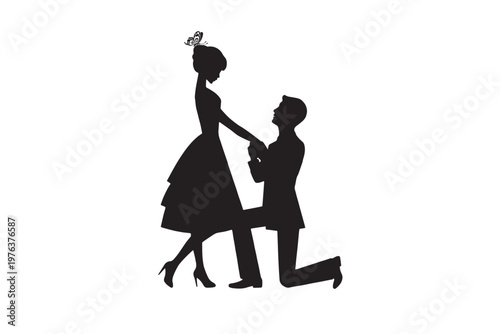 Romantic Marriage Proposal Couple Silhouette Illustration.