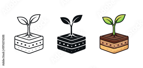 Natural balance metaphor conveyed by a young plant sprout emerging from layered substrate cross-section, matching silhouette