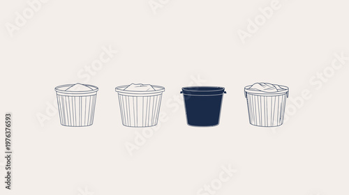 Illustration with four trash cans, two filled with waste and one dark blue